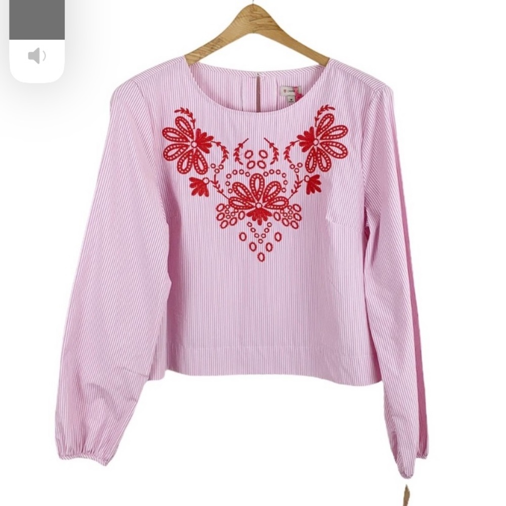 NWT Cremieux pink white striped embroidered Avery blouse Size S